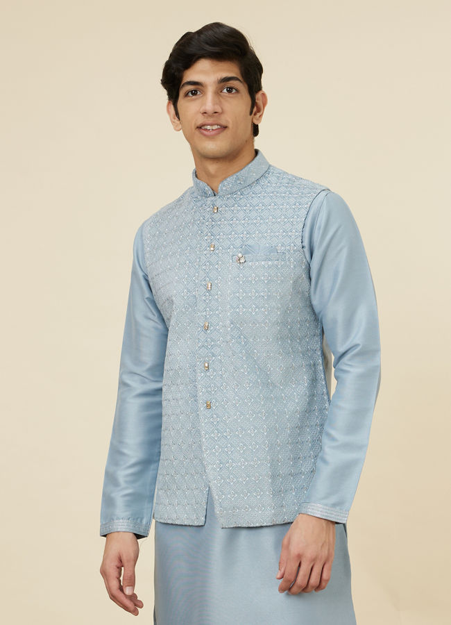 Manyavar Men Ice Blue Jaal Patterned Kurta Jacket Set
