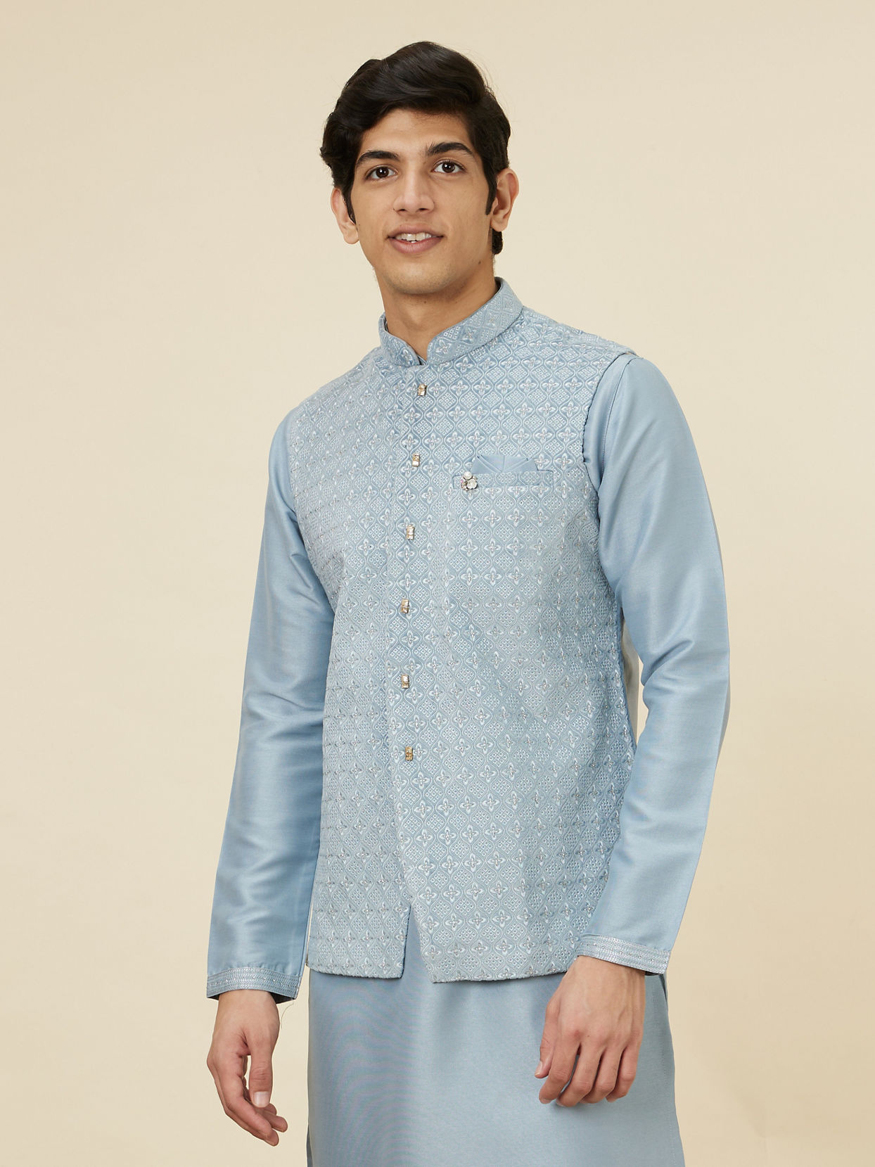 Manyavar Men Ice Blue Jaal Patterned Kurta Jacket Set