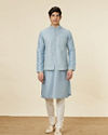 alt message - Manyavar Men Ice Blue Jaal Patterned Kurta Jacket Set image number 3