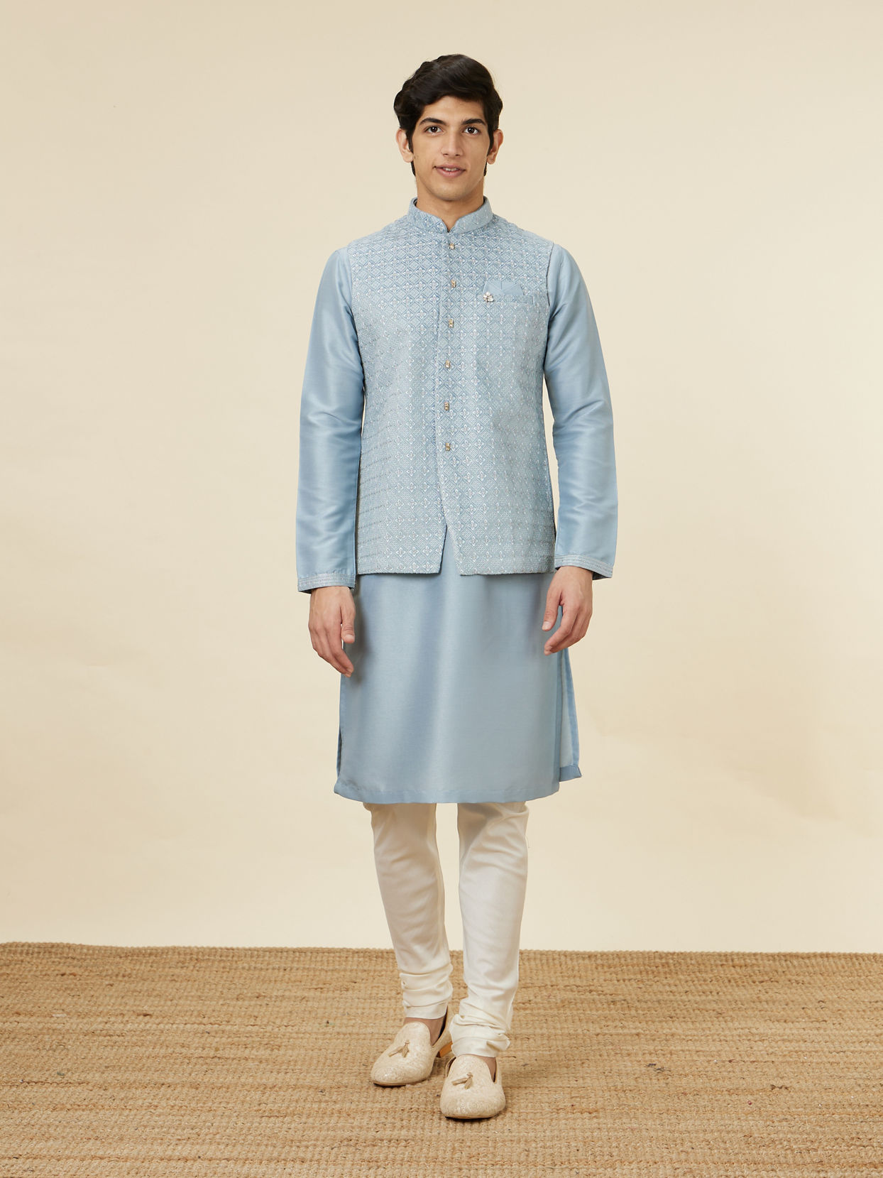 Manyavar Men Ice Blue Jaal Patterned Kurta Jacket Set