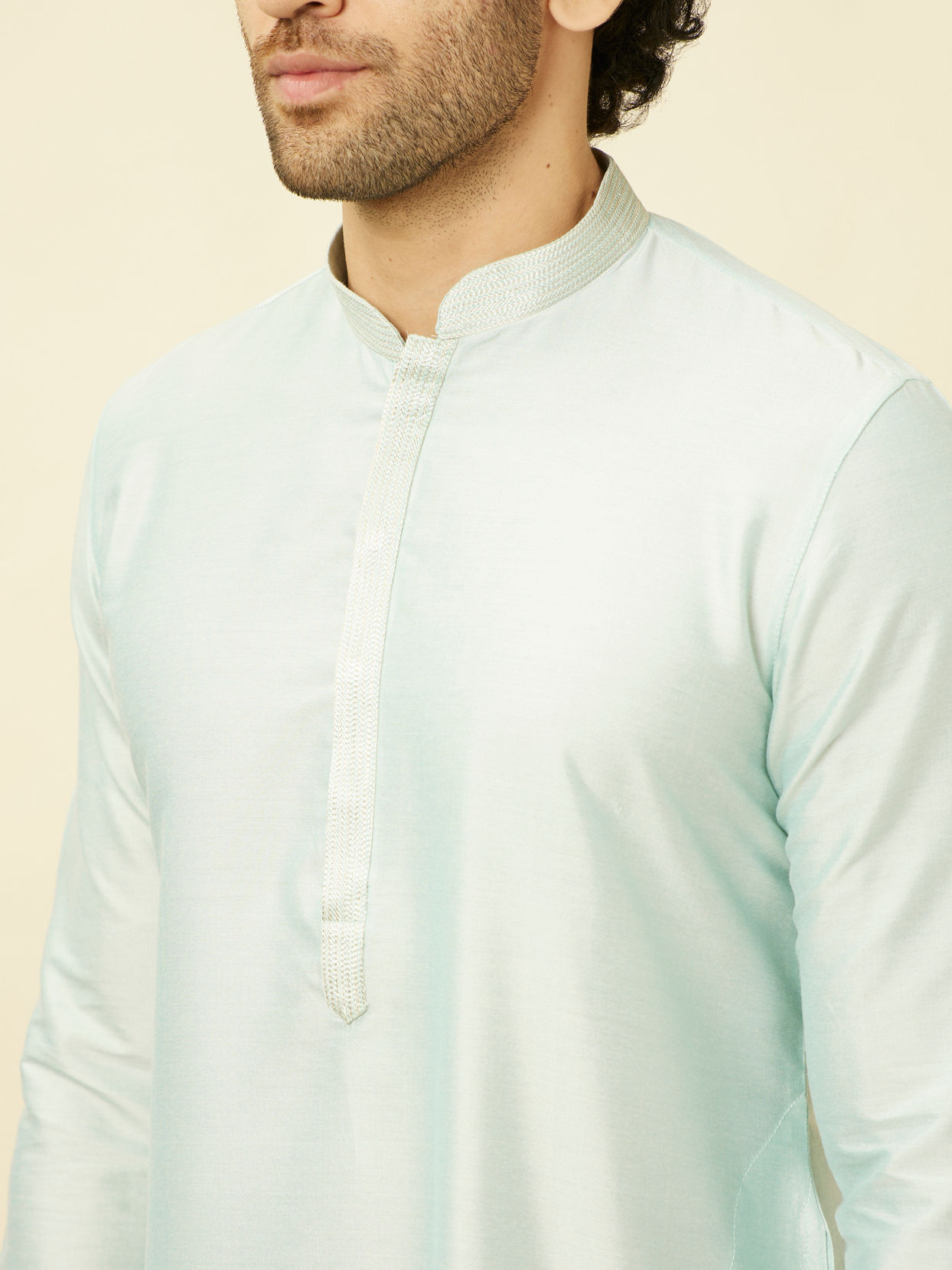 Manyavar Men Cream Light Green Bel Buti Patterned Jacket Set