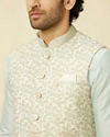 alt message - Manyavar Men Cream-Light Green Bel Buti Patterned Jacket Set image number 1