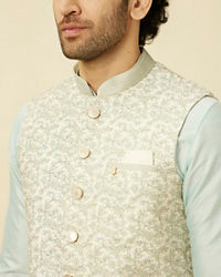 Manyavar Men Cream Light Green Bel Buti Patterned Jacket Set