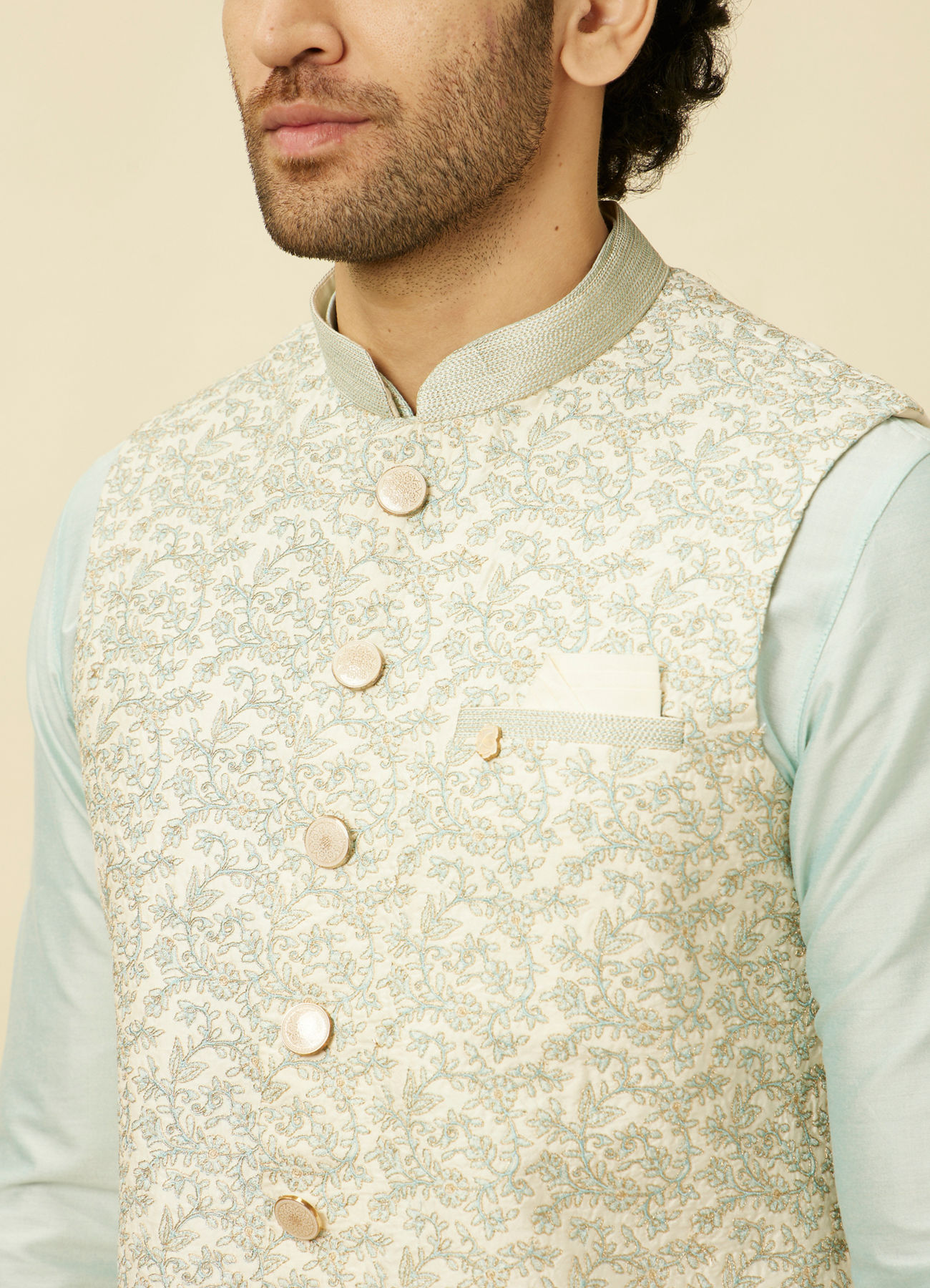 Manyavar Men Cream Light Green Bel Buti Patterned Jacket Set