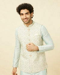 Manyavar Men Cream Light Green Bel Buti Patterned Jacket Set