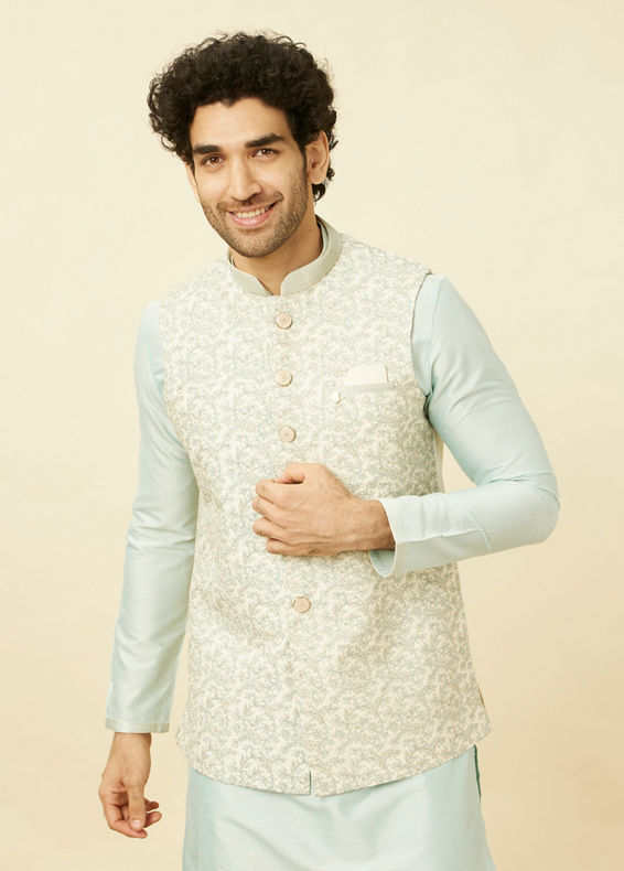 Manyavar Men Cream Light Green Bel Buti Patterned Jacket Set