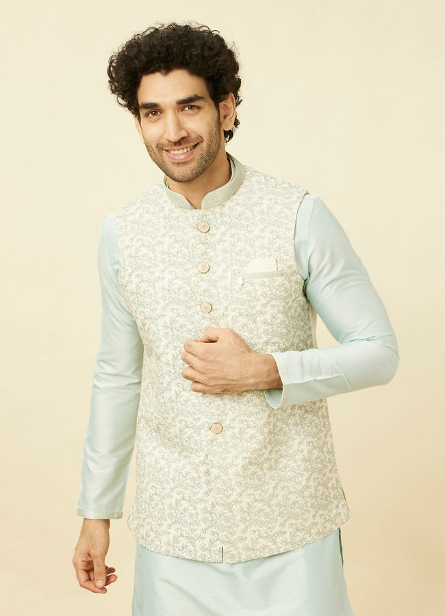 alt message - Manyavar Men Cream-Light Green Bel Buti Patterned Jacket Set image number 0