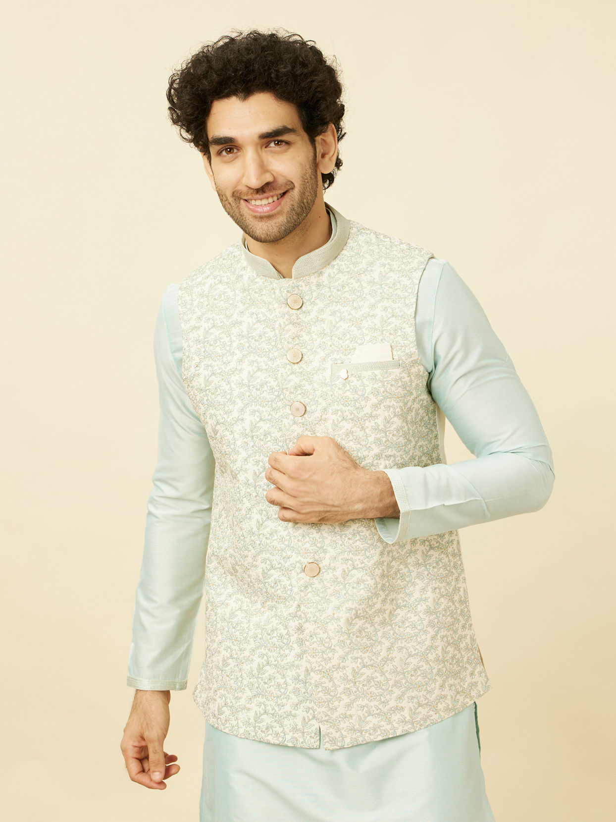 alt message - Manyavar Men Cream-Light Green Bel Buti Patterned Jacket Set image number 0