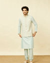 Manyavar Men Cream Light Green Bel Buti Patterned Jacket Set