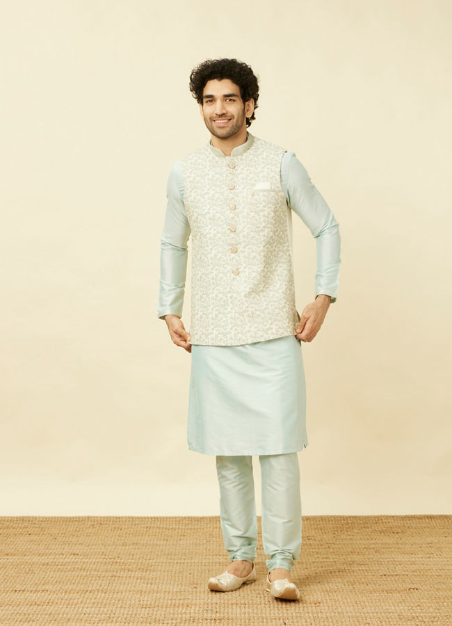 Manyavar Men Cream Light Green Bel Buti Patterned Jacket Set