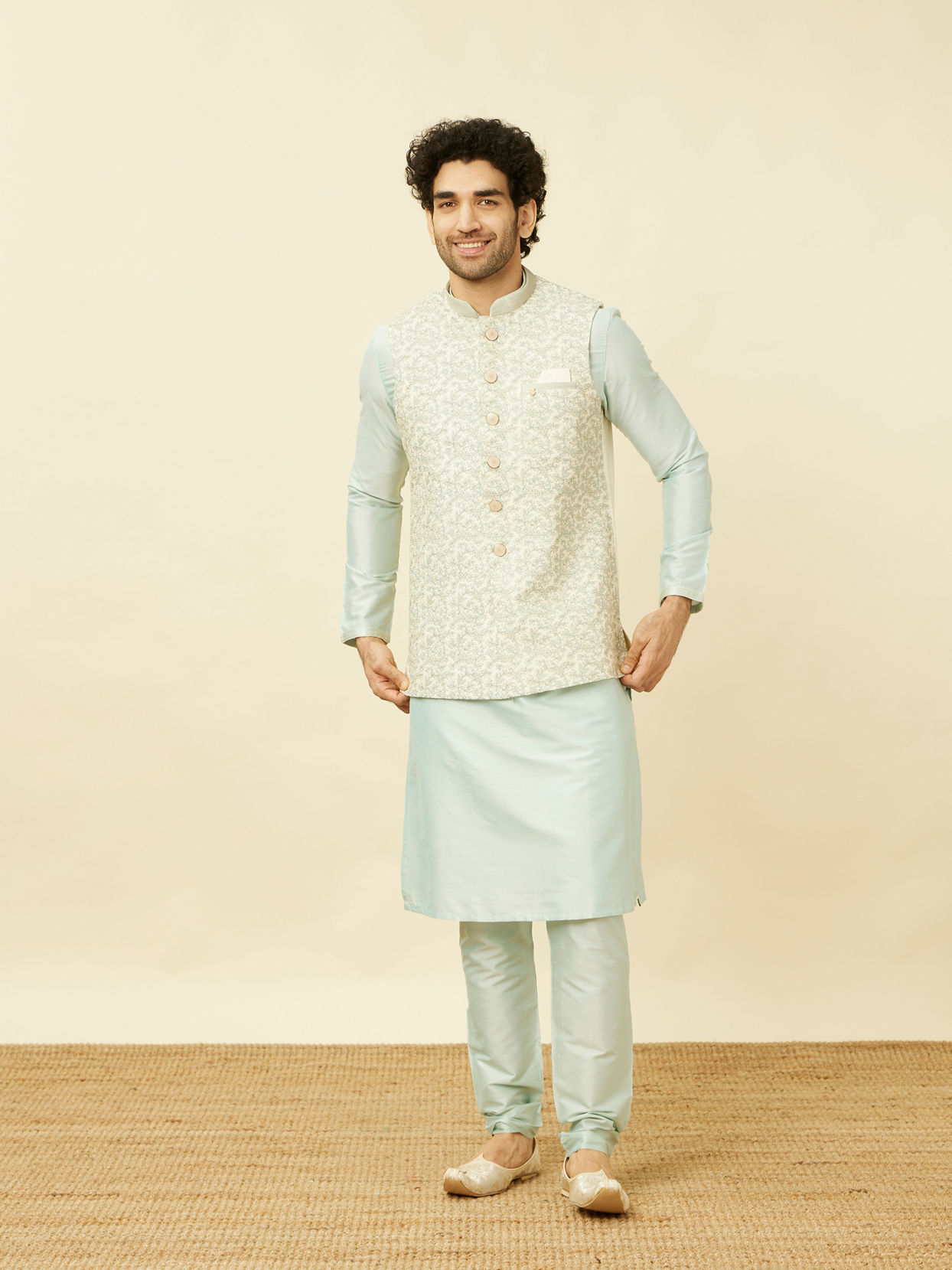 Manyavar Men Cream Light Green Bel Buti Patterned Jacket Set