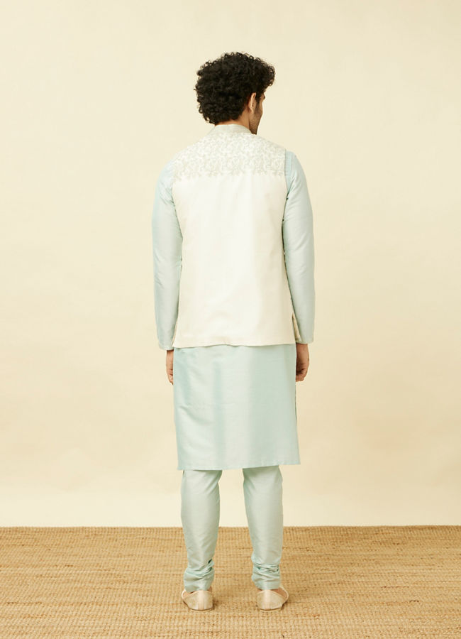 Manyavar Men Cream Light Green Bel Buti Patterned Jacket Set