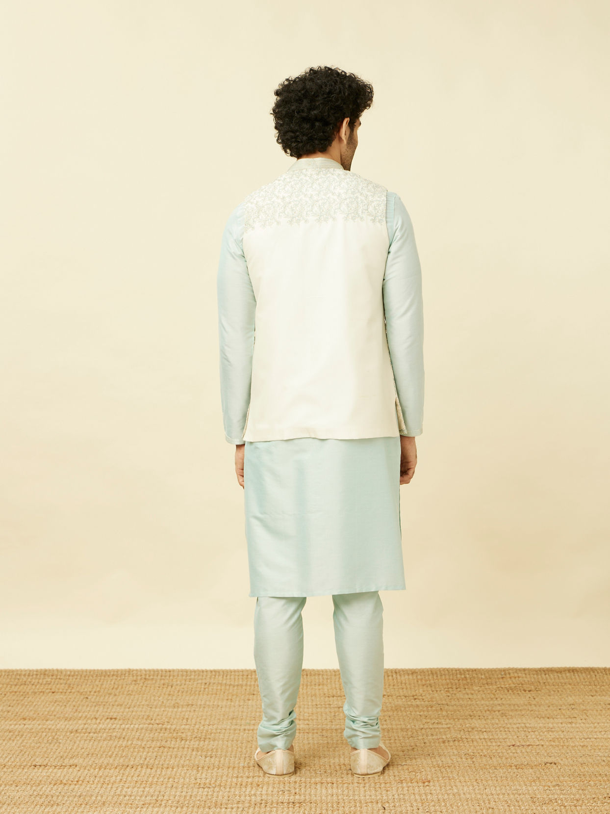 Manyavar Men Cream Light Green Bel Buti Patterned Jacket Set