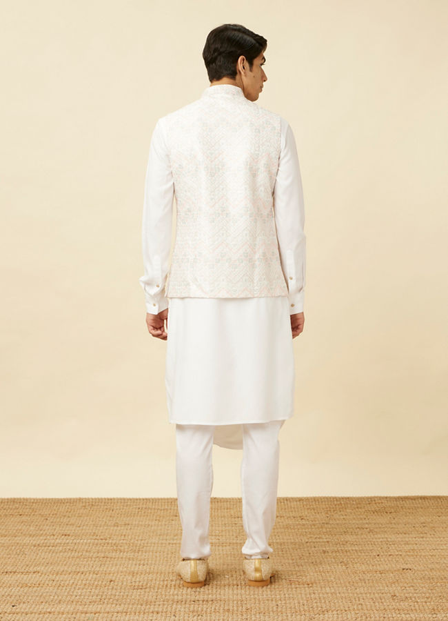 alt message - Manyavar Men Pristine White Chevron Patterned Jacket Set image number 4