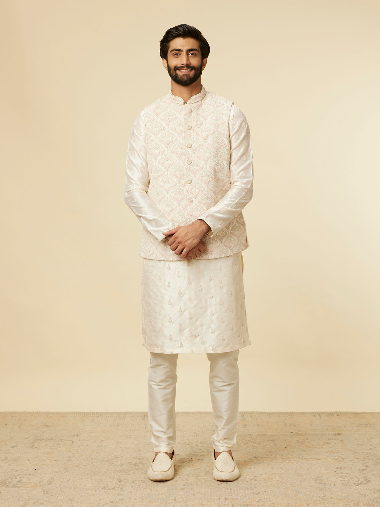 alt message - Manyavar Men Warm White Medallion Printed Jacket set image number 3