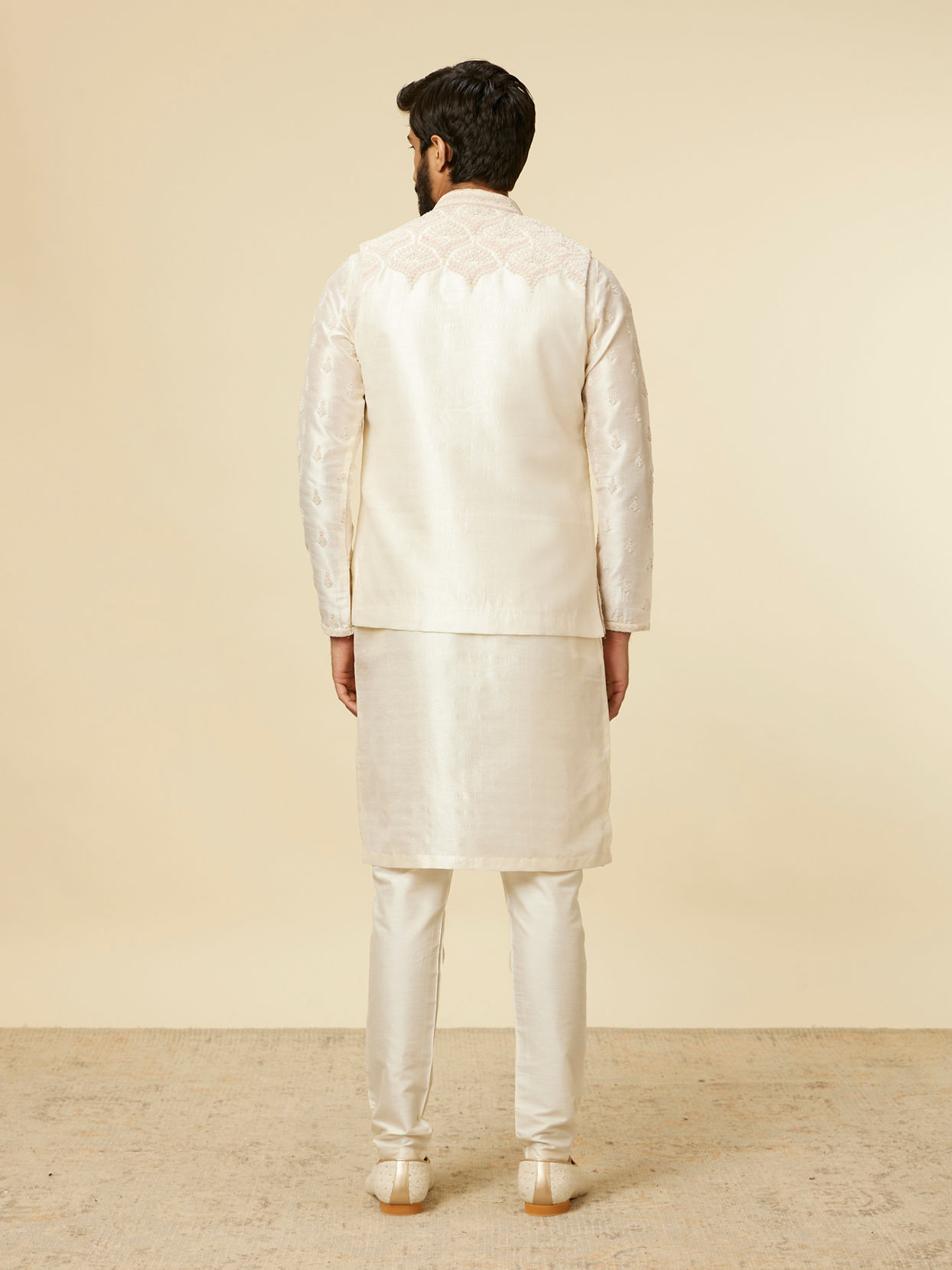 Manyavar Men Warm White Medallion Printed Jacket set