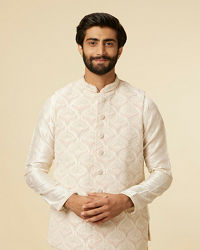 Manyavar Men Warm White Medallion Printed Jacket set