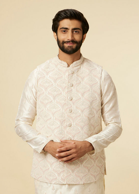 Manyavar Men Warm White Medallion Printed Jacket set