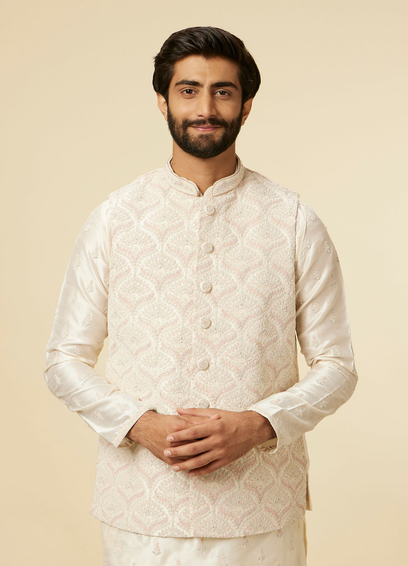 Manyavar Men Warm White Medallion Printed Jacket set