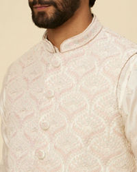 Manyavar Men Warm White Medallion Printed Jacket set