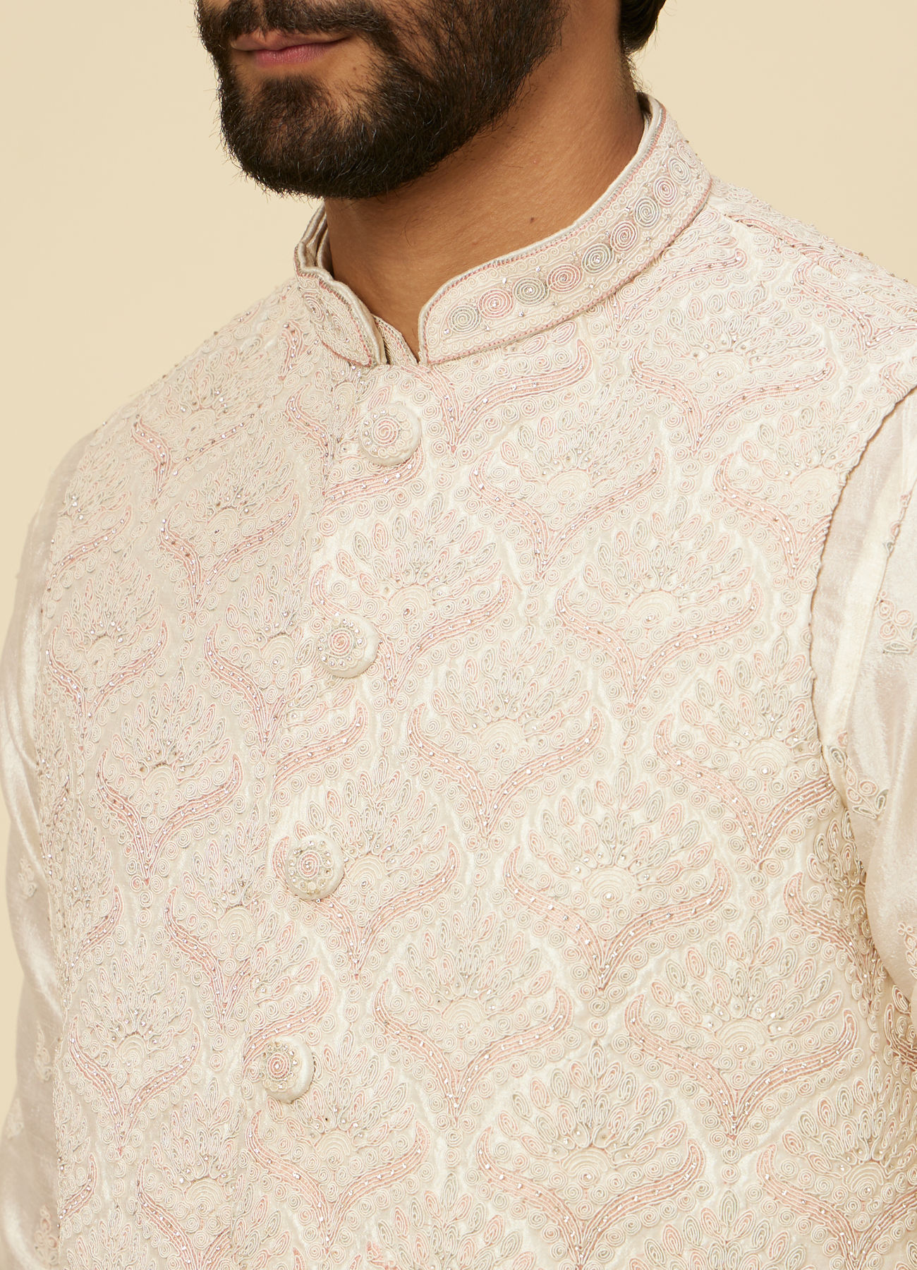 Manyavar Men Warm White Medallion Printed Jacket set