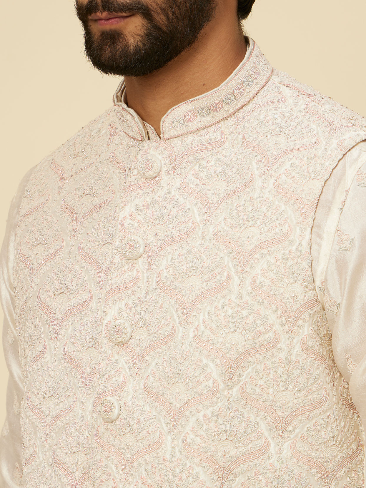 alt message - Manyavar Men Warm White Medallion Printed Jacket set image number 1