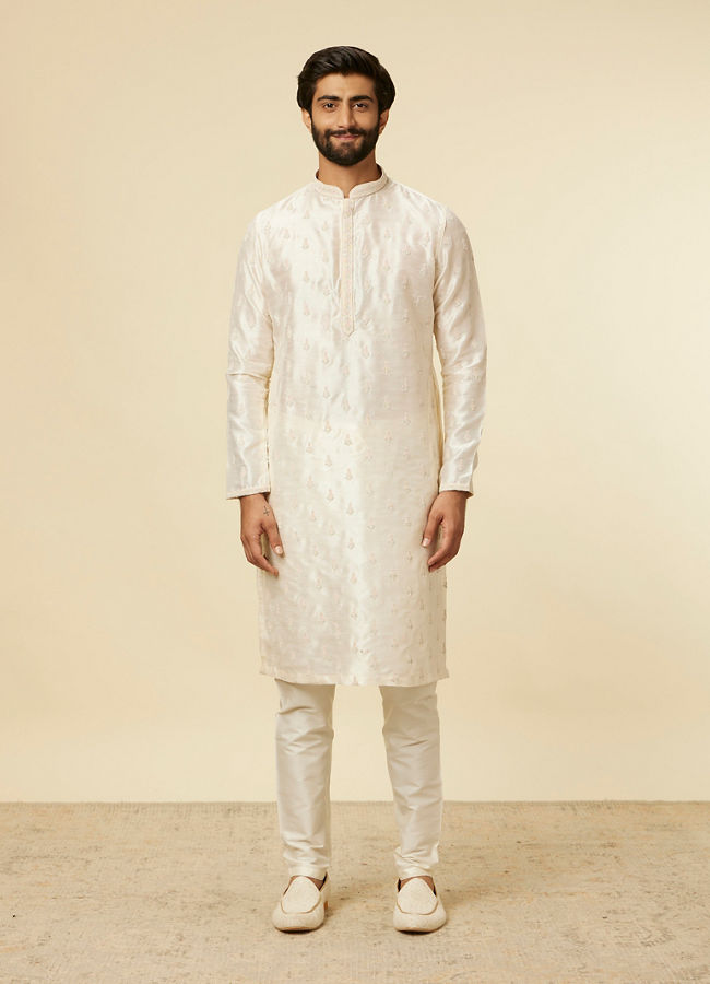 Manyavar Men Warm White Medallion Printed Jacket set