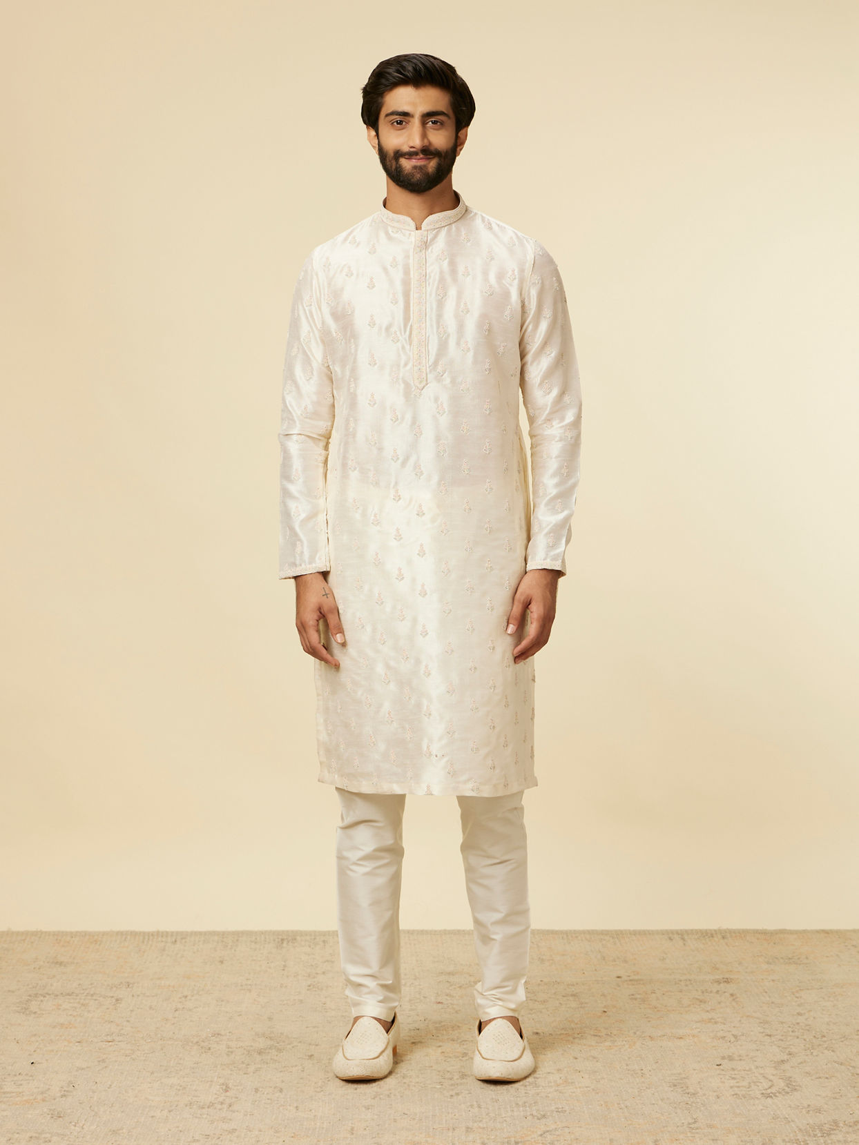 Manyavar Men Warm White Medallion Printed Jacket set