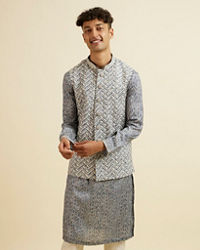 Manyavar Men Dark Grey Chevron Patterned Jacket Set