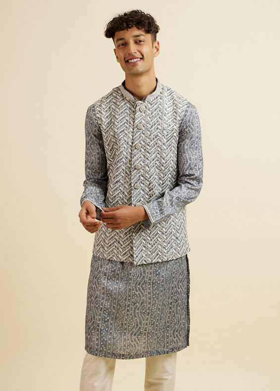 Manyavar Men Dark Grey Chevron Patterned Jacket Set