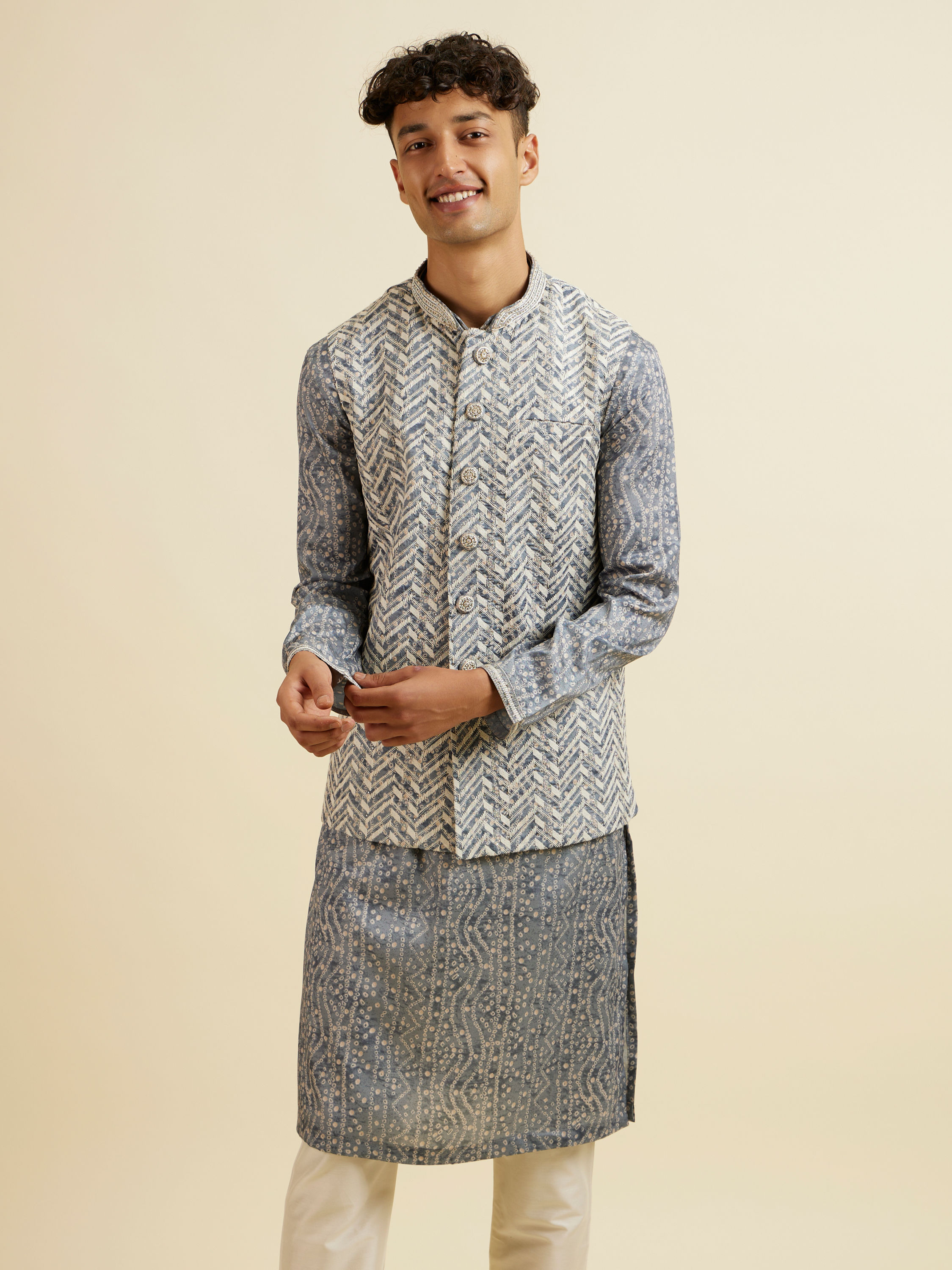 Manyavar Men Dark Grey Chevron Patterned Jacket Set