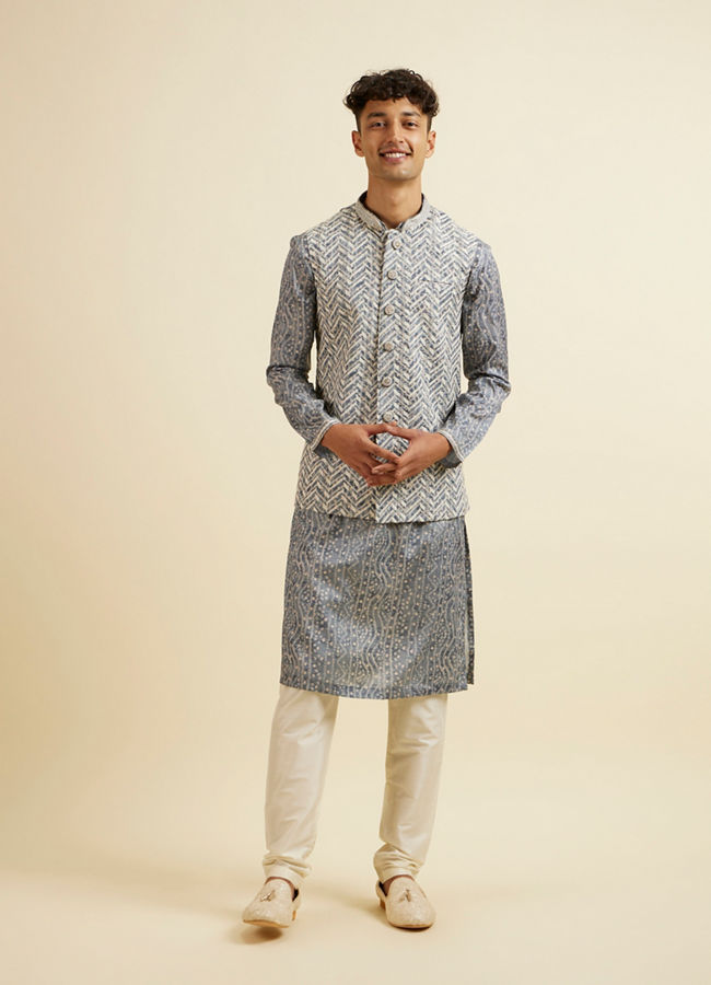 Manyavar Men Dark Grey Chevron Patterned Jacket Set