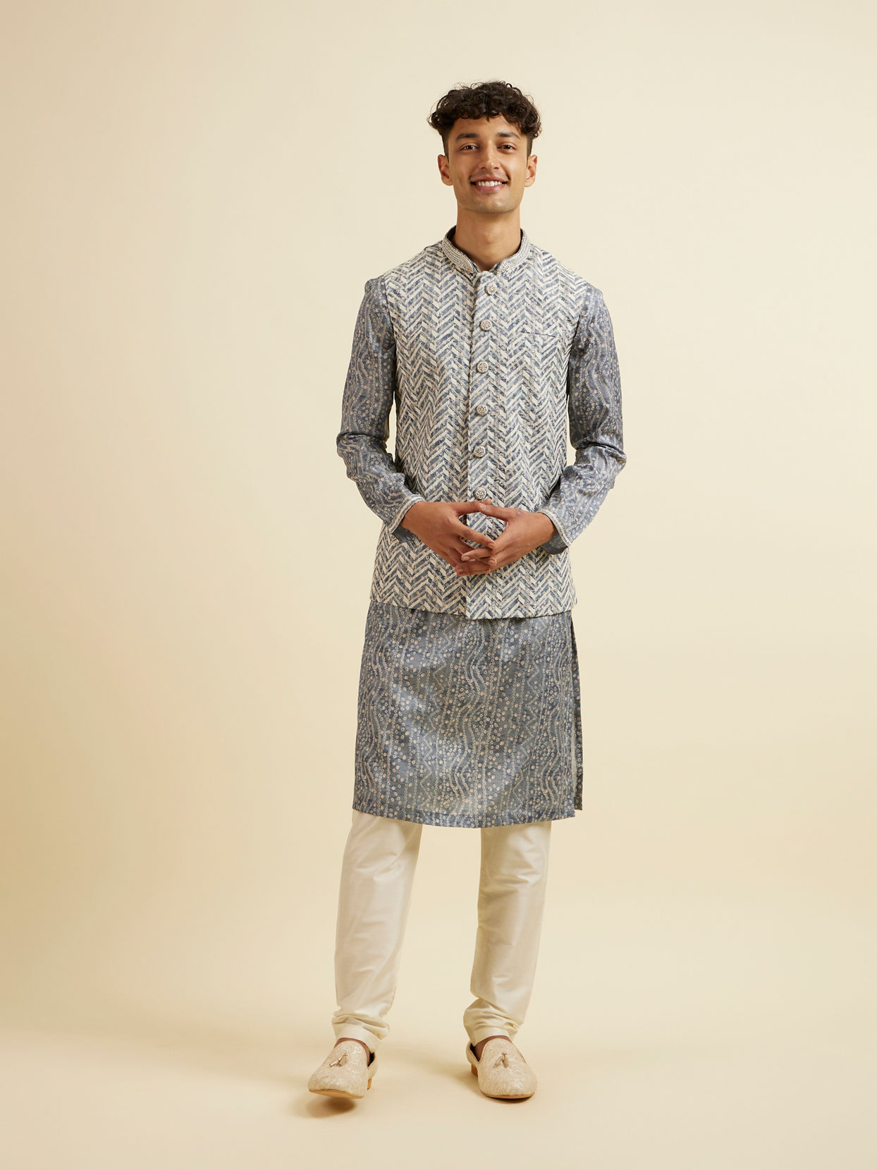Manyavar Men Dark Grey Chevron Patterned Jacket Set