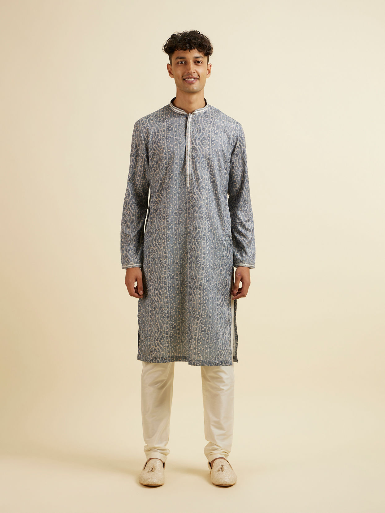 Manyavar Men Dark Grey Chevron Patterned Jacket Set
