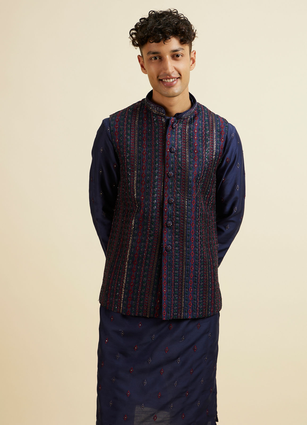 Manyavar Men Blue Entanglement Jacket Set