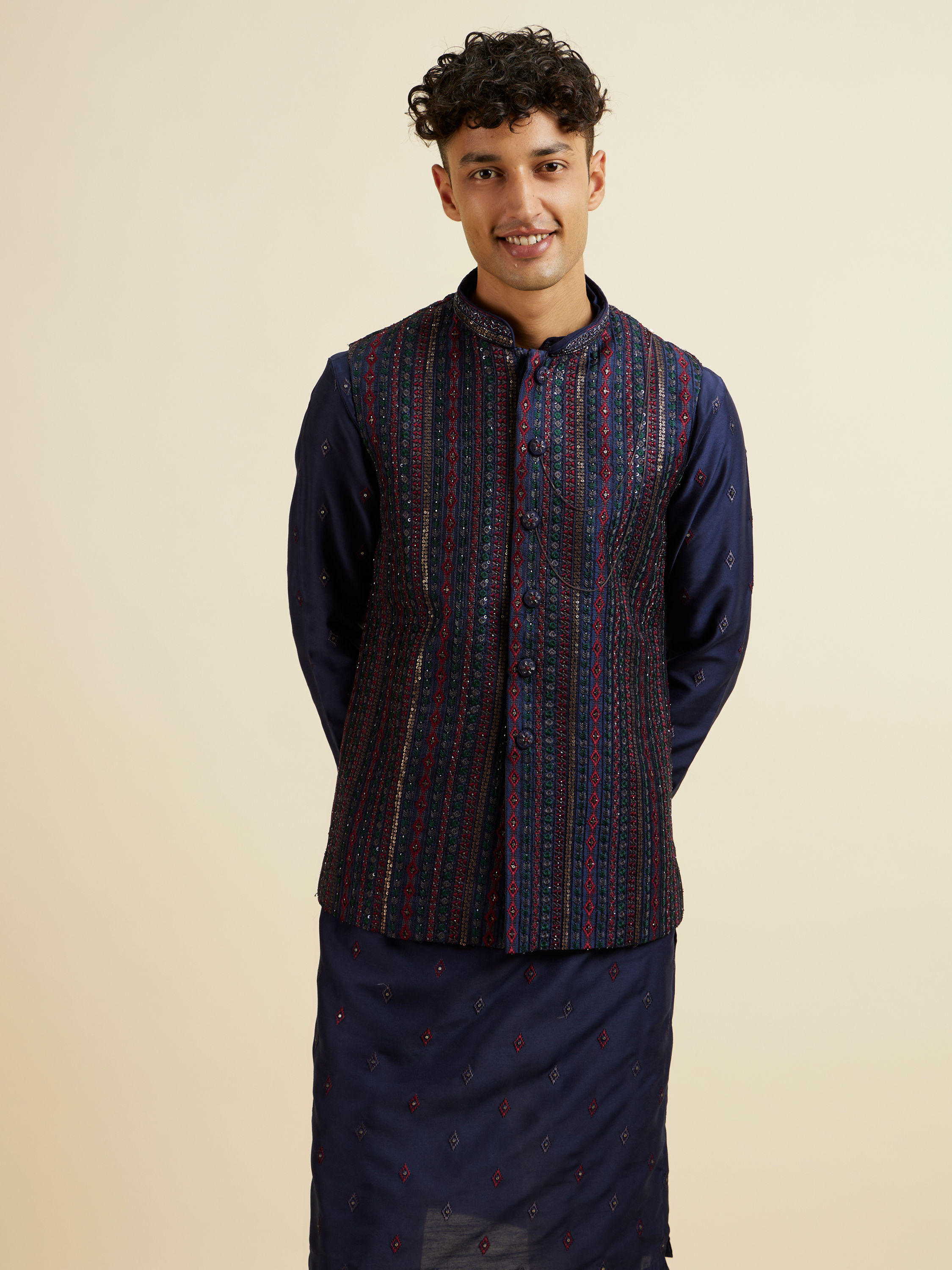 Manyavar Men Blue Entanglement Jacket Set