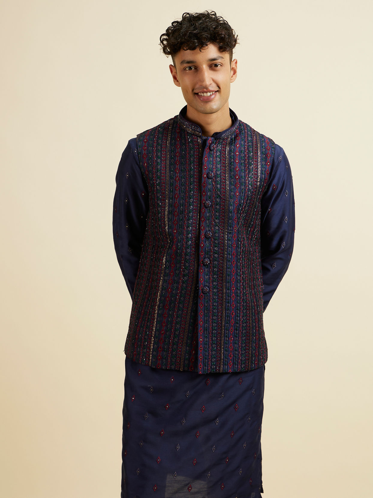 Manyavar Men Blue Entanglement Jacket Set