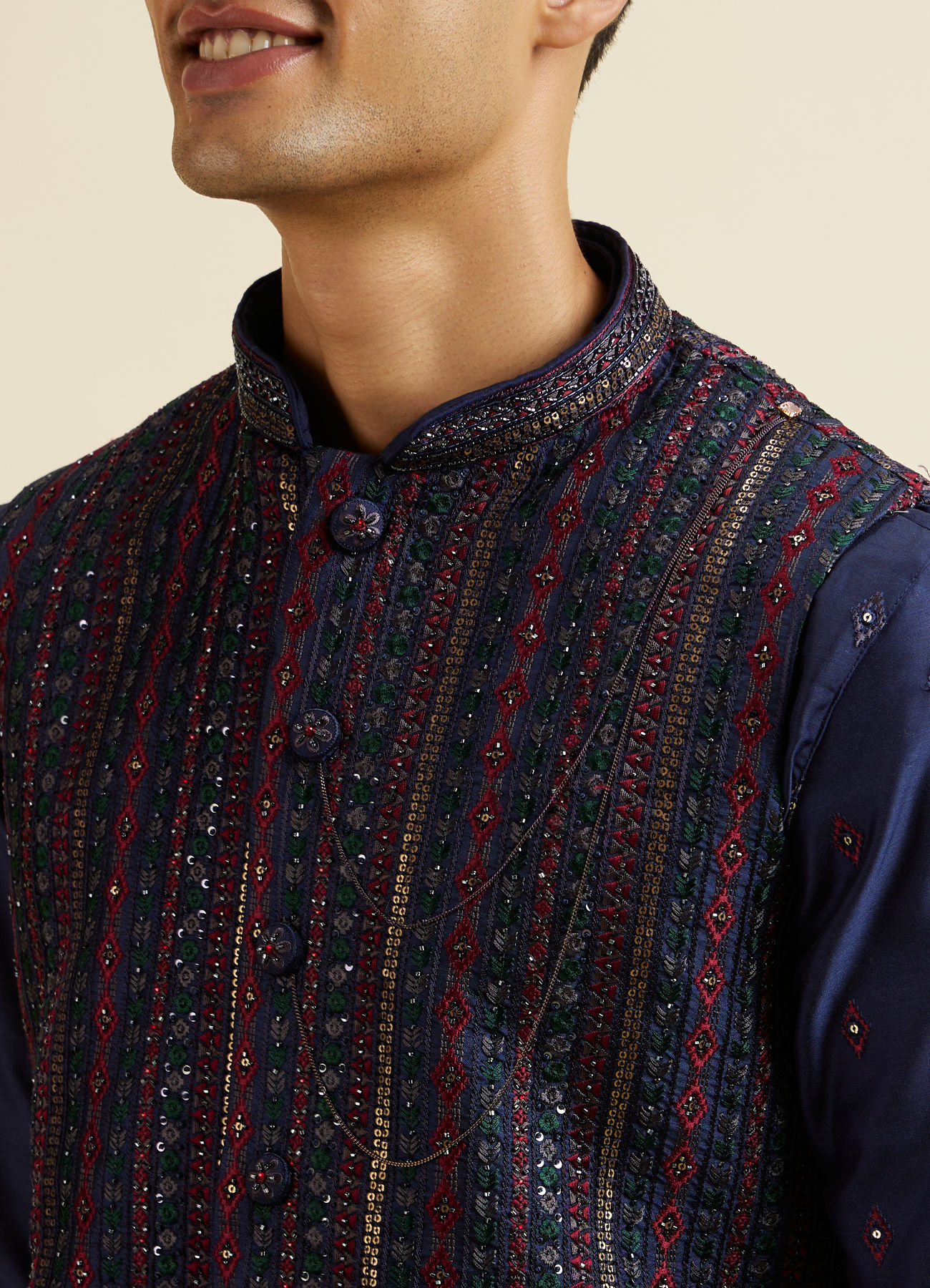 Manyavar Men Blue Entanglement Jacket Set