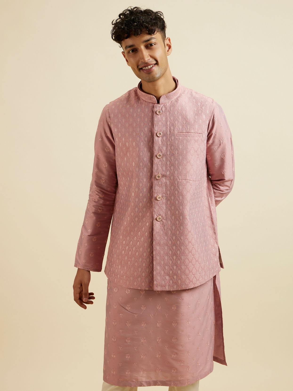 Manyavar Men Dusty Pink Buta Jaal Patterned Jacket Set