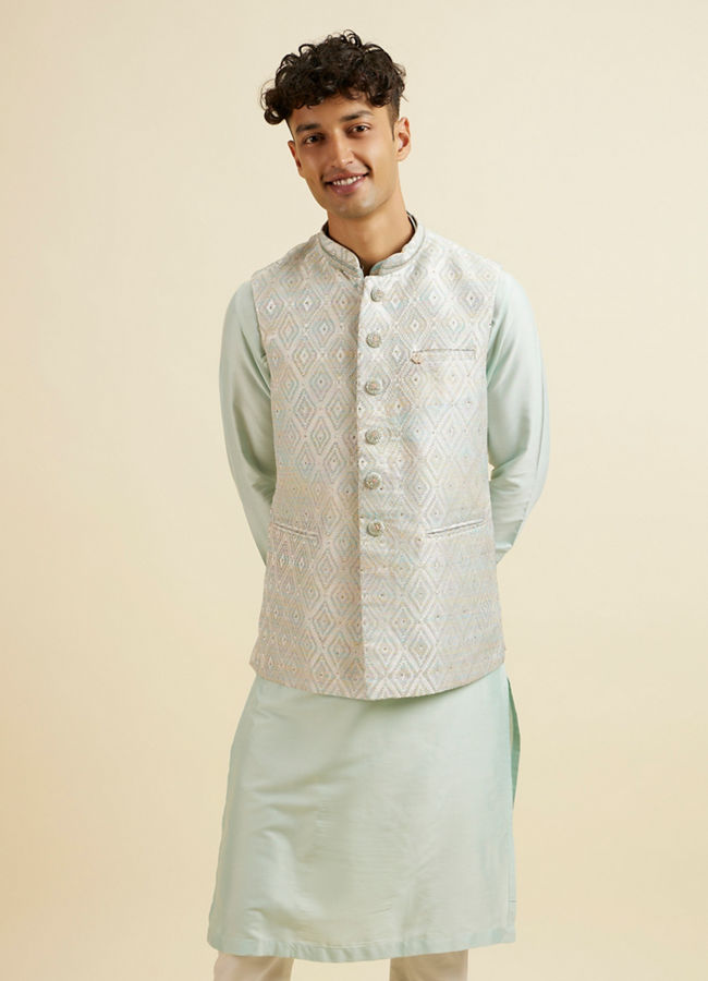 Manyavar Men Aqua Green & Light Grey Harlequin Print Jacket Set