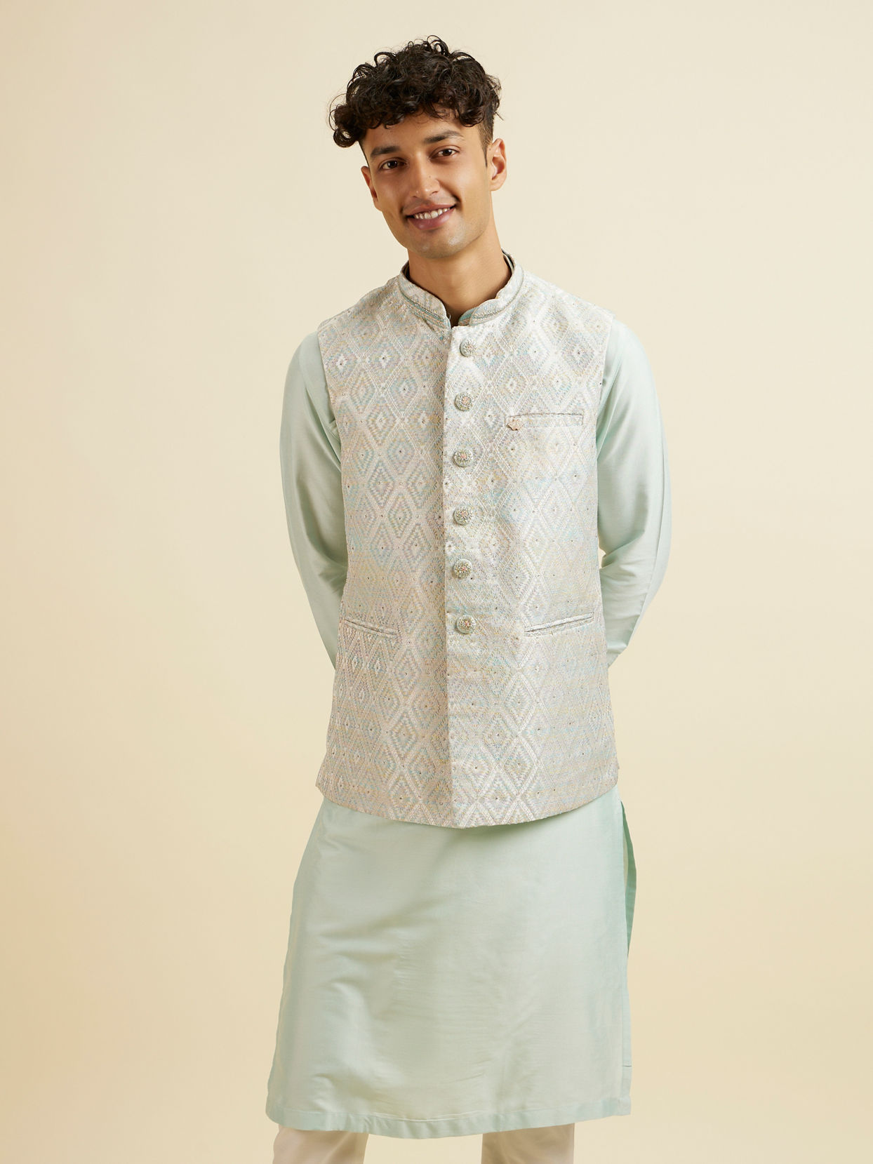 alt message - Manyavar Men Aqua Green & Light Grey Harlequin Print Jacket Set image number 0