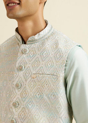 alt message - Manyavar Men Aqua Green & Light Grey Harlequin Print Jacket Set image number 1