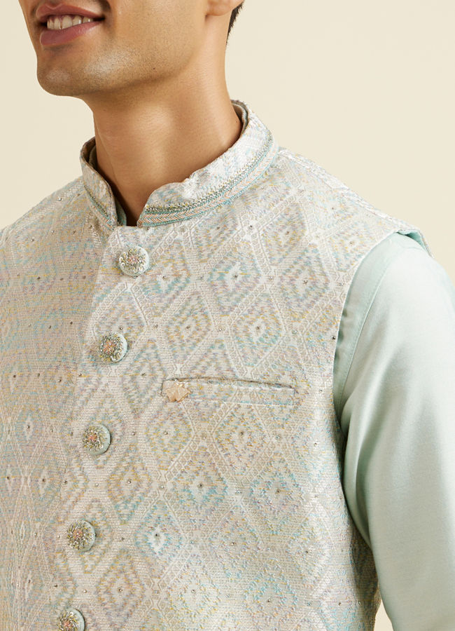 alt message - Manyavar Men Aqua Green & Light Grey Harlequin Print Jacket Set image number 1