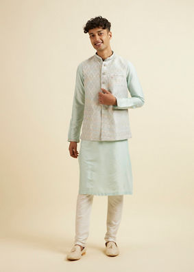 alt message - Manyavar Men Aqua Green & Light Grey Harlequin Print Jacket Set image number 3