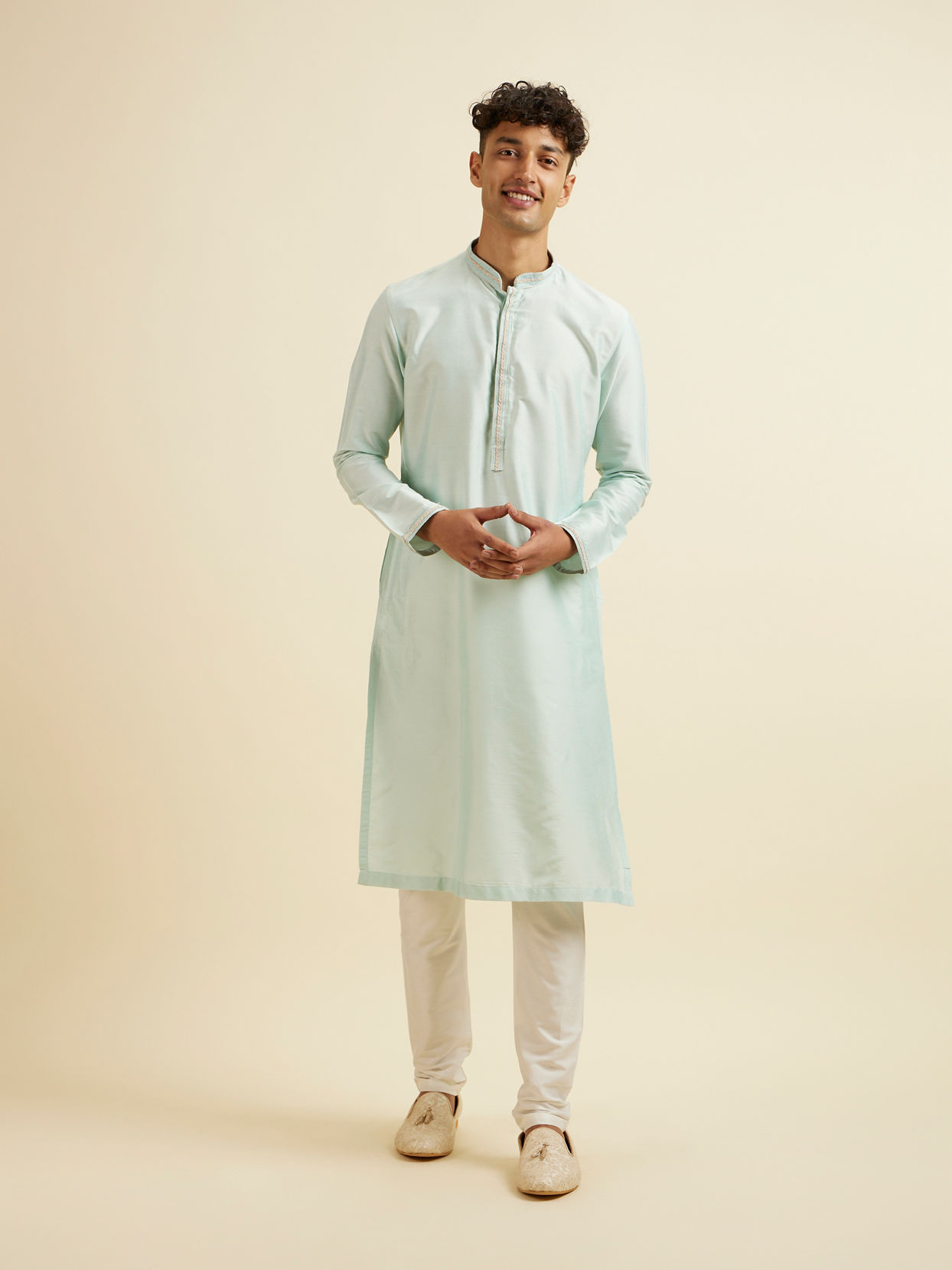 alt message - Manyavar Men Aqua Green & Light Grey Harlequin Print Jacket Set image number 4