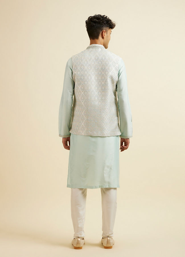 alt message - Manyavar Men Aqua Green & Light Grey Harlequin Print Jacket Set image number 6