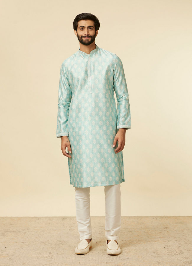 Manyavar Men Aqua Green Buta Patterned Jacket Set