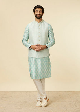 alt message - Manyavar Men Aqua Green Buta Patterned Jacket Set image number 3