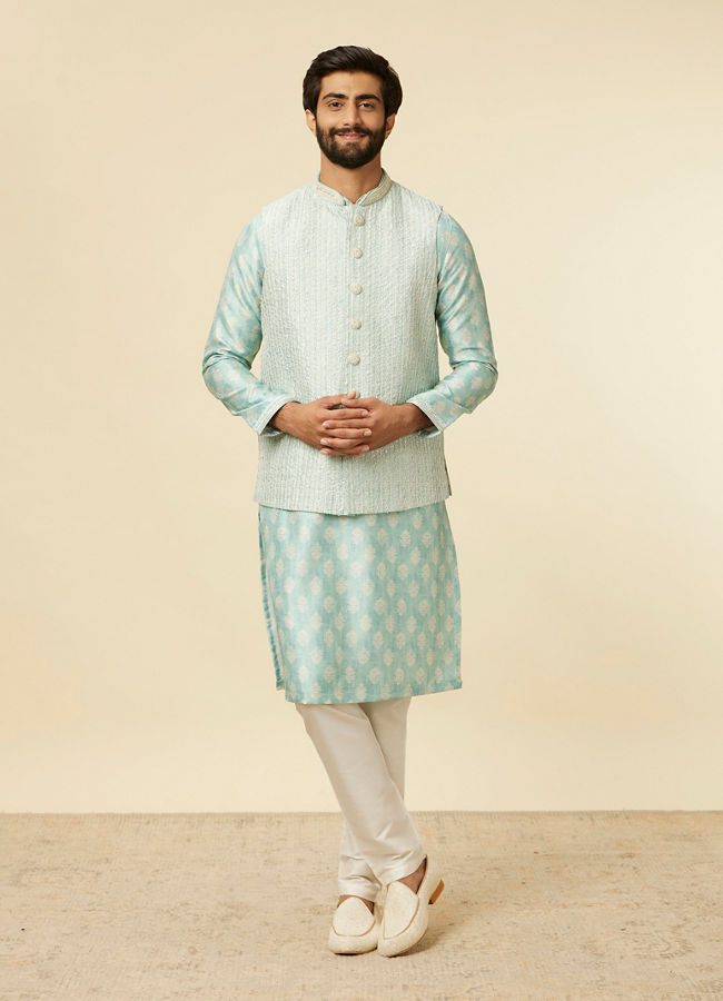 Manyavar Men Aqua Green Buta Patterned Jacket Set
