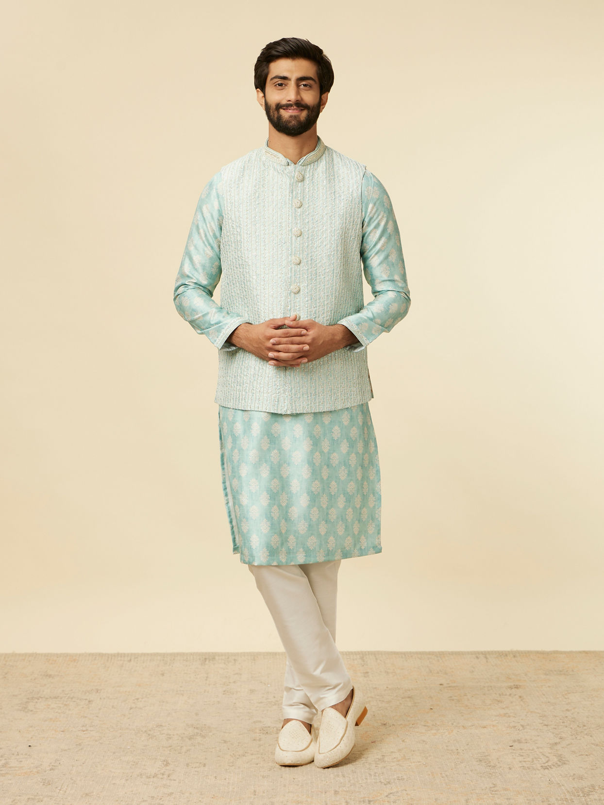 Manyavar Men Aqua Green Buta Patterned Jacket Set